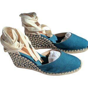 NIB Castañer Carina Teal/Green Wedge Espadrille Sandals Sz 41/9.5